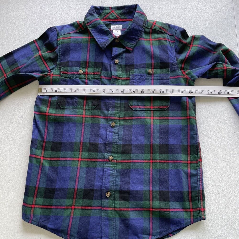 Carter's Boys Size 12 Button Up Plaid Shirt Navy Blue Green Long Sleeve Pockets - Picture 5 of 8